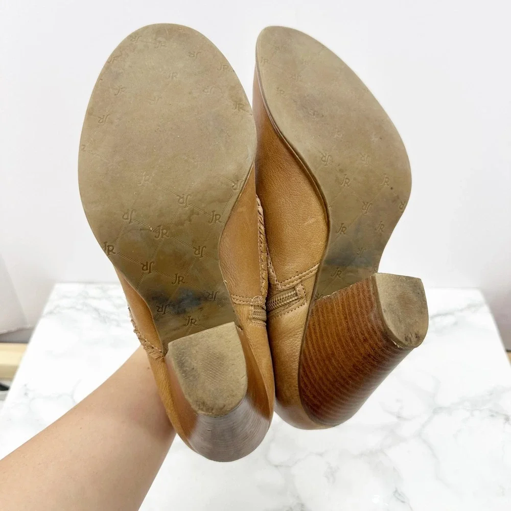 Jack Rogers Kyle Leather Ankle‎ Booties Women 10M Tan Whipstitch Block Heel Zip